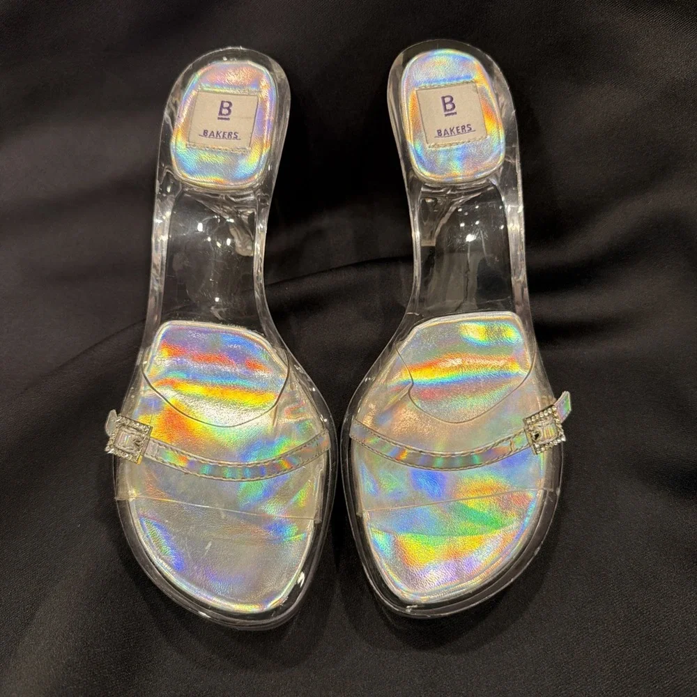 Bakers Y2K Clear Lucite Heels Slide Mule Square Toe Sz 6 B Stiletto Rhinestone